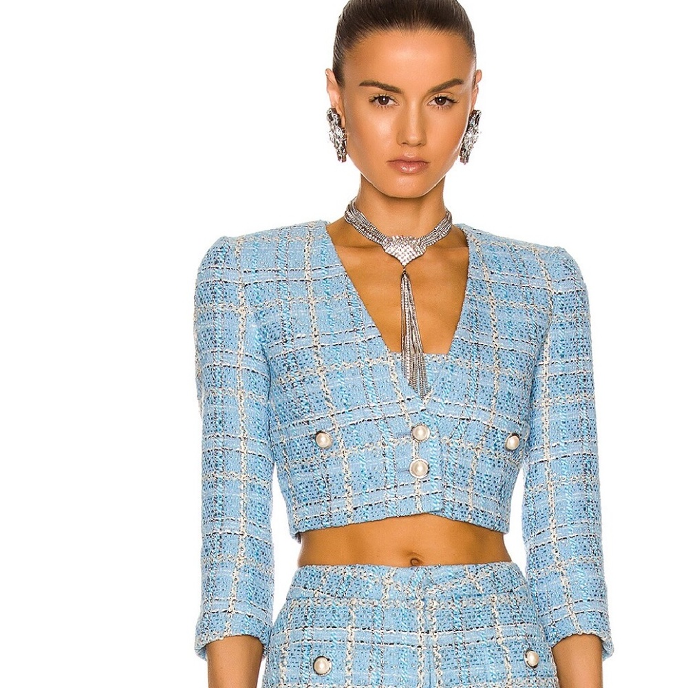 ALESSANDRA RICH light blue Checked Tweed Cropped Jacket size 0 *LIKE NEW